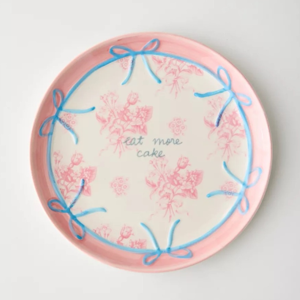 UO Eat More Cake Patterned Dinner Plate with 3D Ribbon Bows and